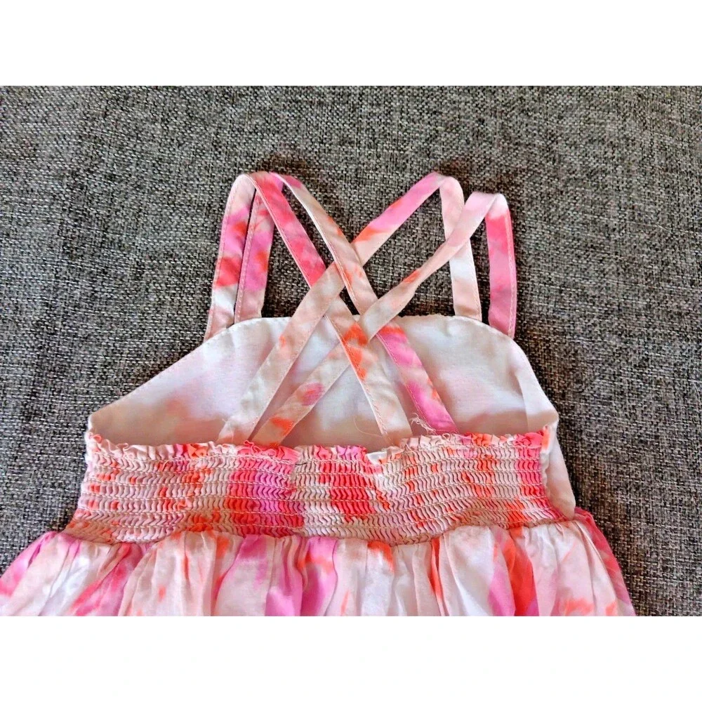 Dress 2T Cynthia Rowley Pink Orange Floral Double Cross Strap Hankerchief Hem